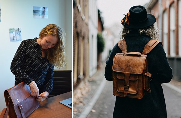 Links: Yvonne demonstreert haar tassen Links: Yvonne demonstreert haar tassen